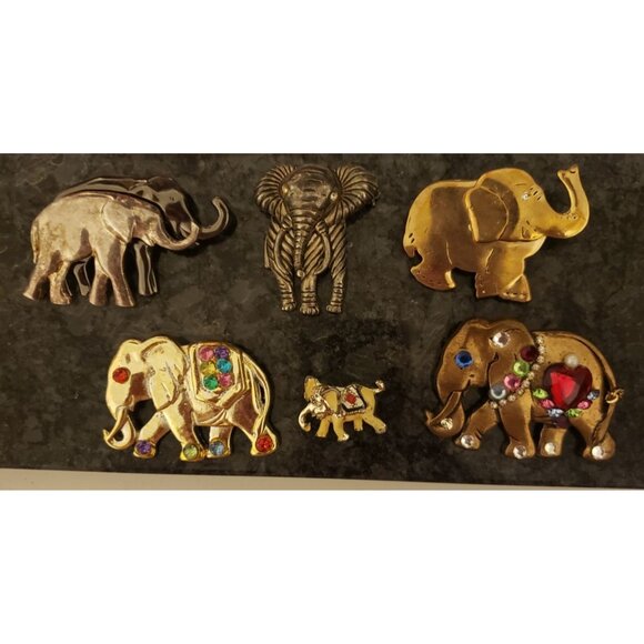 Lot of Six Assorted Vintage Elephant Brooch Pins Gem Accents & Gold/Silver Tones - Picture 2 of 16